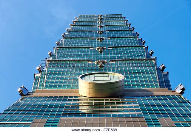 Day Time Photo With Blue Sky Of The Exterior Facade Of Taipei 101