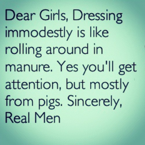 Dear Girls, Dressing immodestly is like rolling around in manure. Yes you'll get attention, but mostly from pigs. Sincerely, Real Men