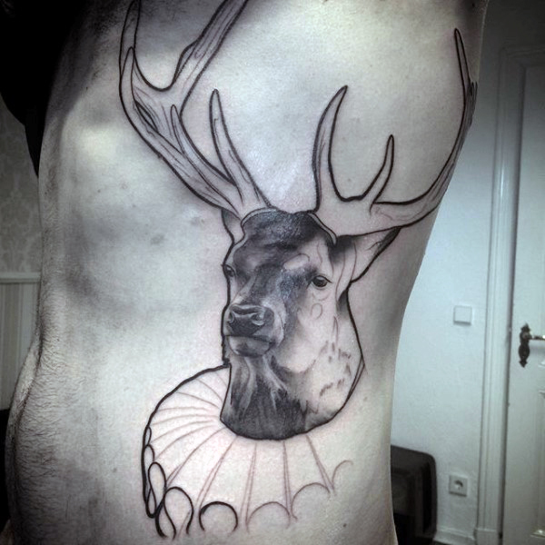 Deer Antler Head Tattoo On Side Rib