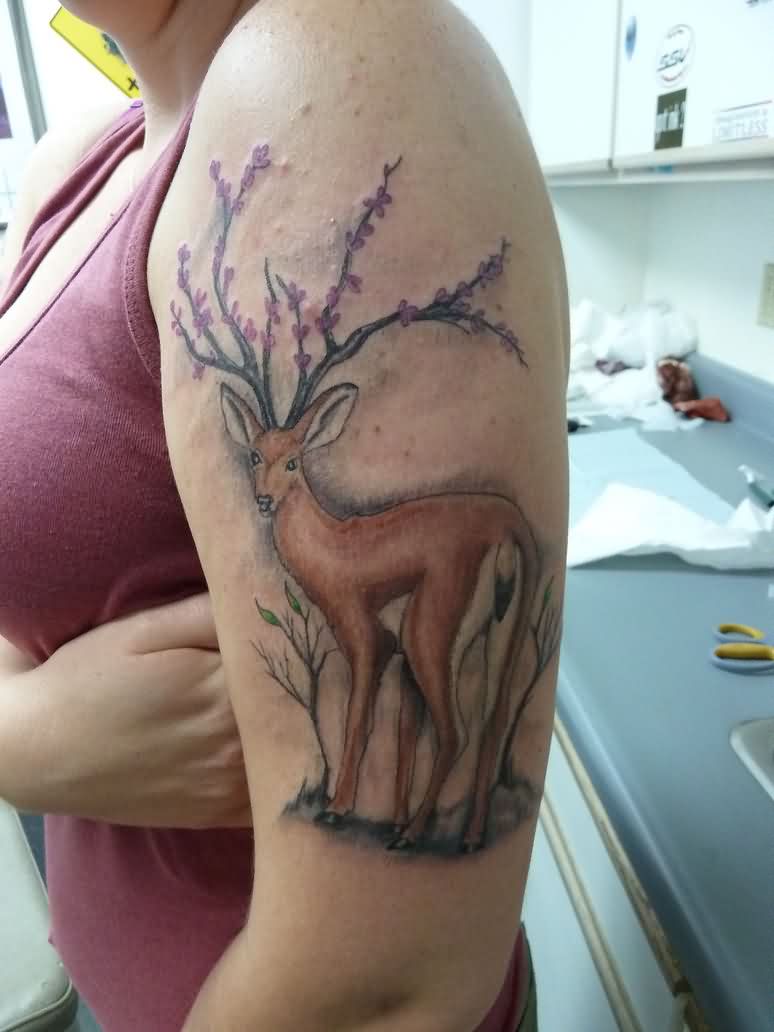 Deer Antler With Flowers Tattoo On Left Half sleeve