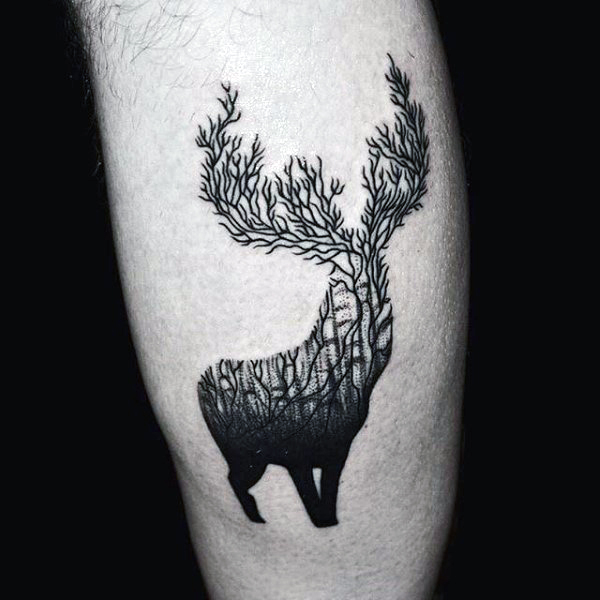 Deer Antler With Trees Tattoo On Arm