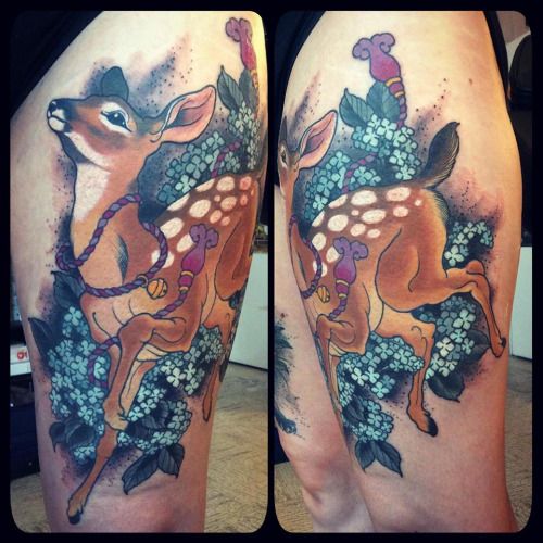 Deer Bambi Traditional Tattoo On Thigh by Alix Ge
