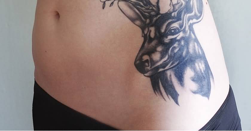 Deer Face Tattoo On Side Rib For Women