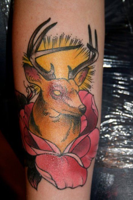 Deer Head In Flower Tattoo by Jasmin Austin