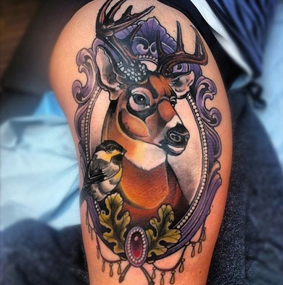 Deer Head In Mirror Frame Tattoo On Thigh For Women