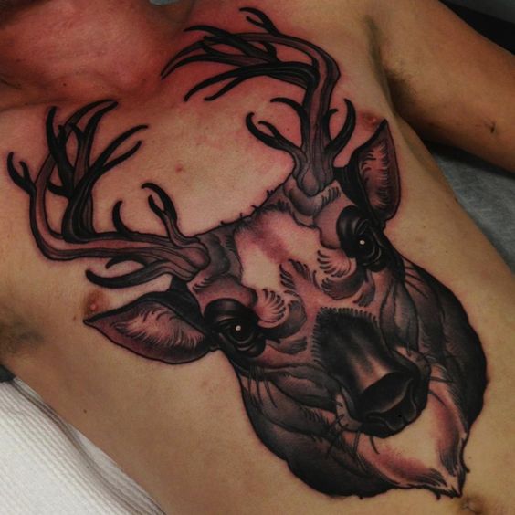 Deer Head Tattoo On Chest For Men