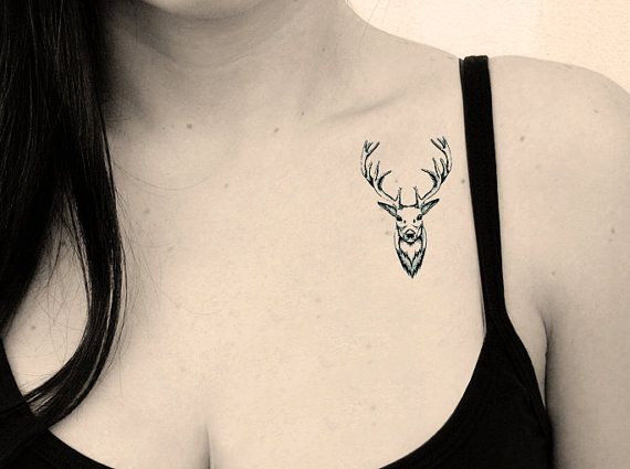 Deer Head Tattoo On Collarbone For Women