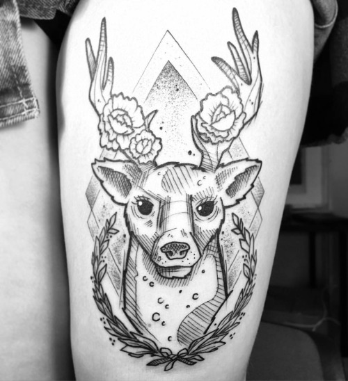 Deer Head Tattoo On Left Thigh