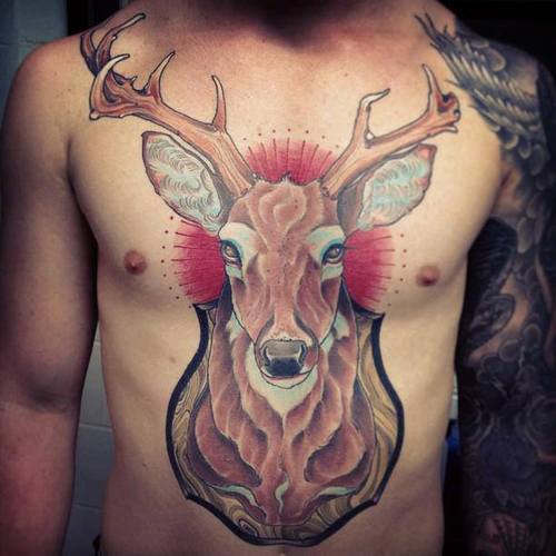 Deer Head Tattoo On Man Chest