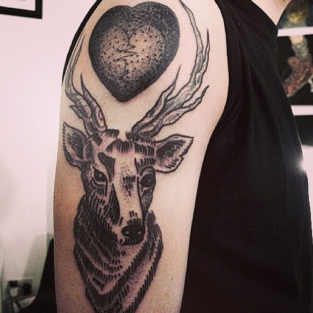 Deer Head Tattoo On Right Half Sleeve
