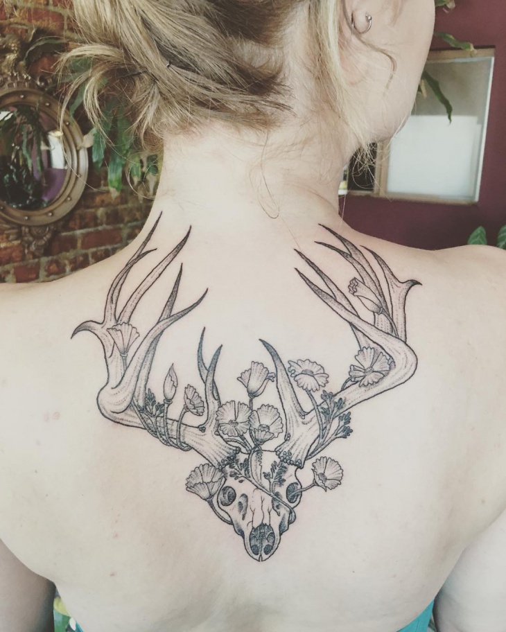 Deer Skull Antler Tattoos On Girl Upper Back