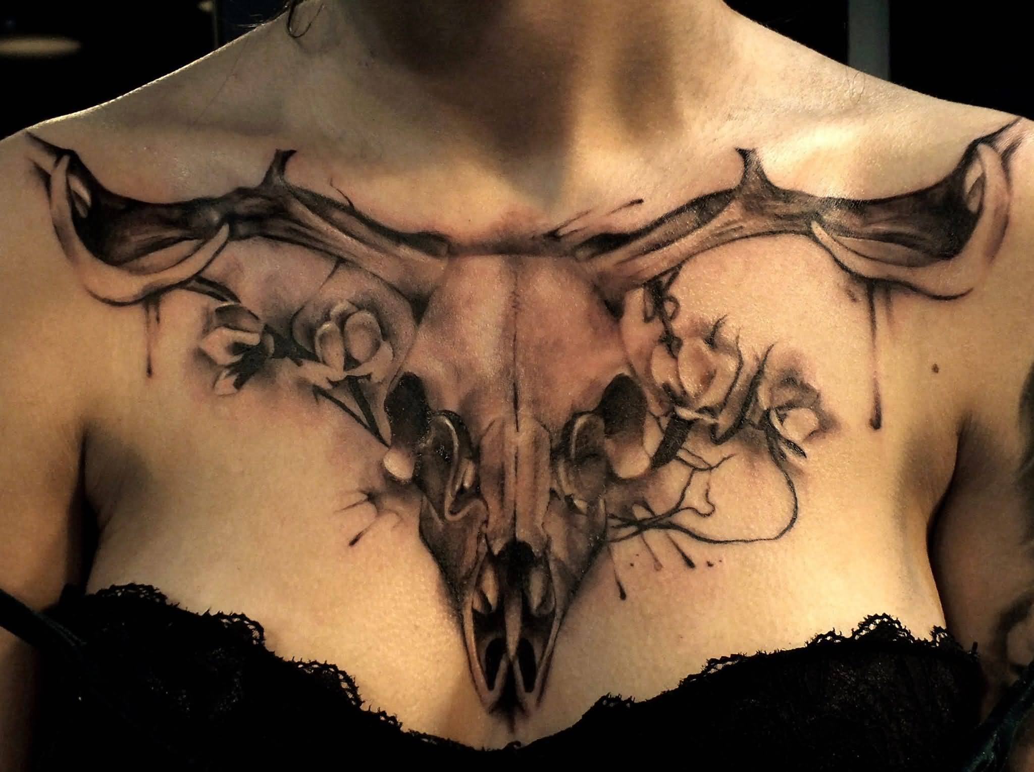 Deer Skull Tattoo On Chest For Women