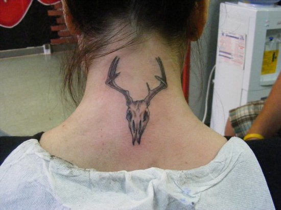 Deer Skull Tattoo On Girl Nape
