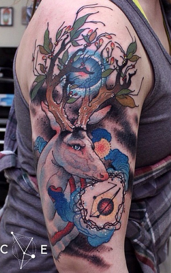 Deer Tattoo On Girl Right Half Sleeve
