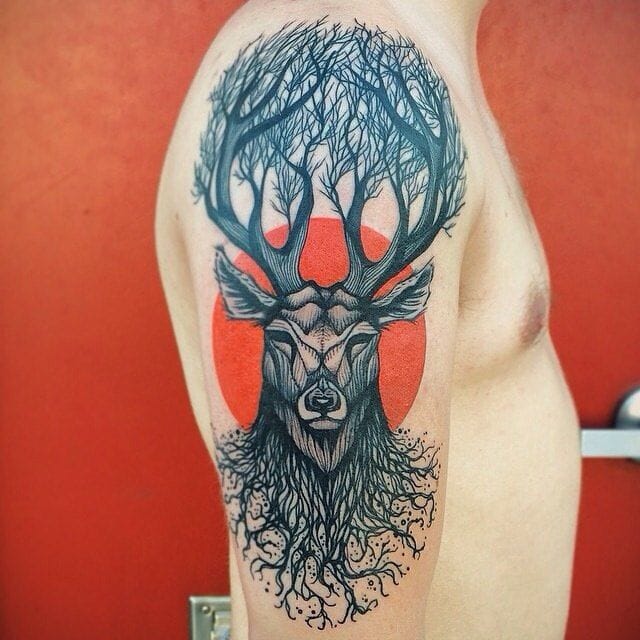 Deer Tattoo On Half Sleeve