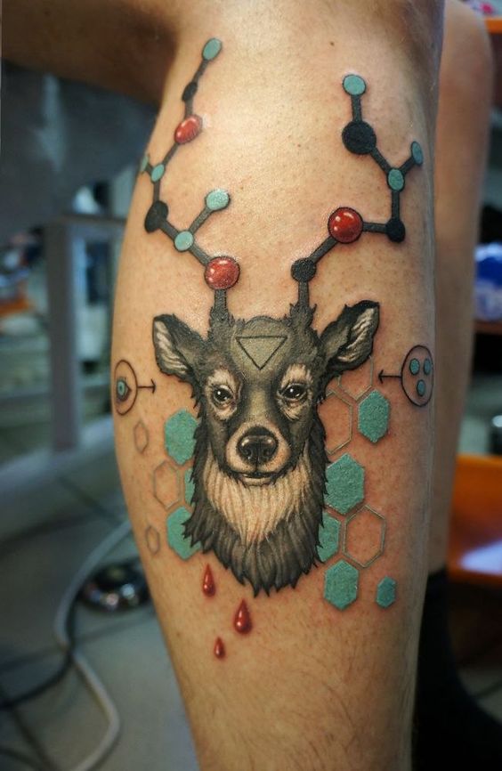 Deer With Molecules Head Tattoo On Leg