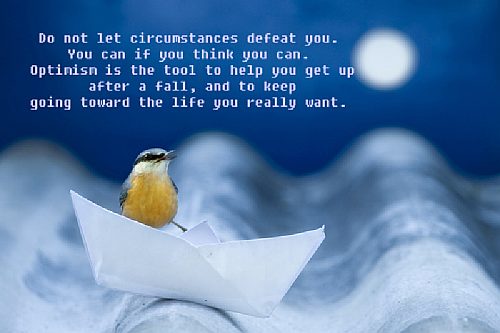 Do not let circumstances defeat you. You can if you think you can, optimism is the tool to help you get up after a fall, and to keep going toward the life you really ...
