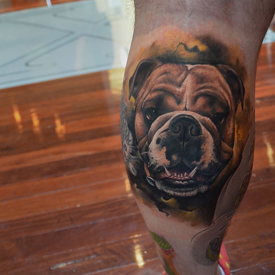 Dog Face Head Tattoo On Leg Calf