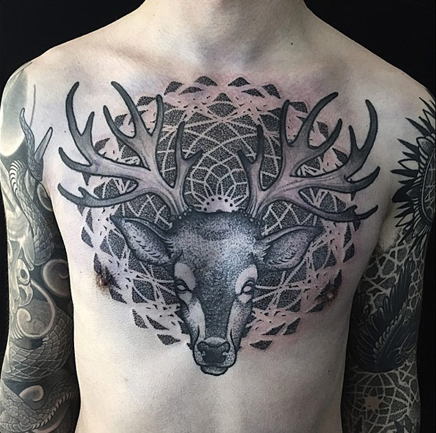 Dotwork Deer Tattoo On Chest