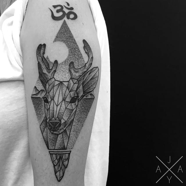 Dotwork Deer Tattoo On Half Sleeve by Jaya Suartika