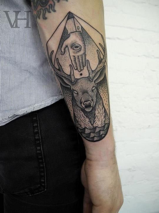 Dotwork Geometric Deer Tattoo On Arm Sleeve