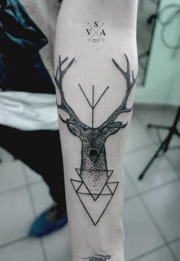 Dotwork Geometric Deer Tattoo On Left Forearm