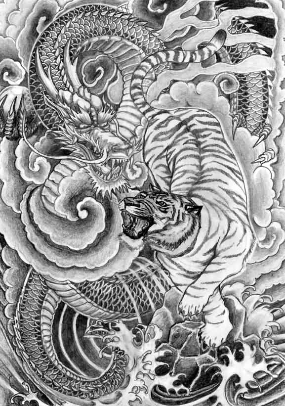 Dragon And Japanese Tiger Tattoo Design