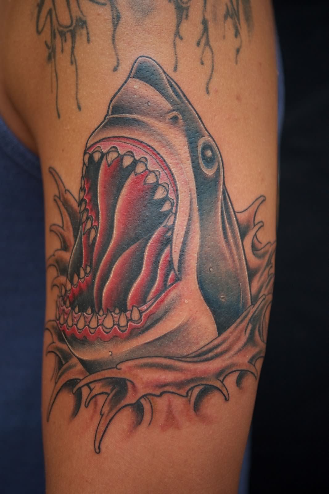 Evil Tiger Shark Head Tattoo On Man Left Half Sleeve