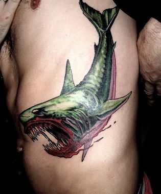 Evil Tiger Shark Tattoo On Man Left Side Rib