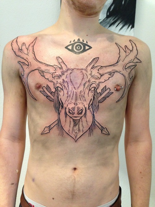 Eye And Deer Head Tattoo On Chest