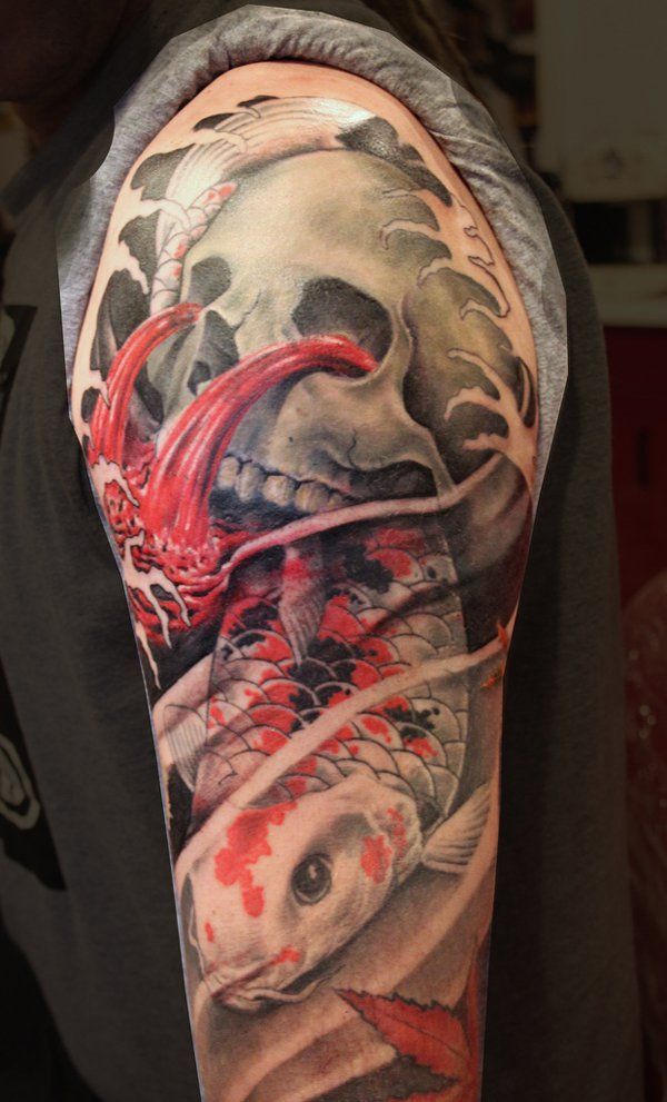 Fantastic Samurai Skull With Koi Fish Tattoo On Left Half Sleeve By Mirek Vel Stotker
