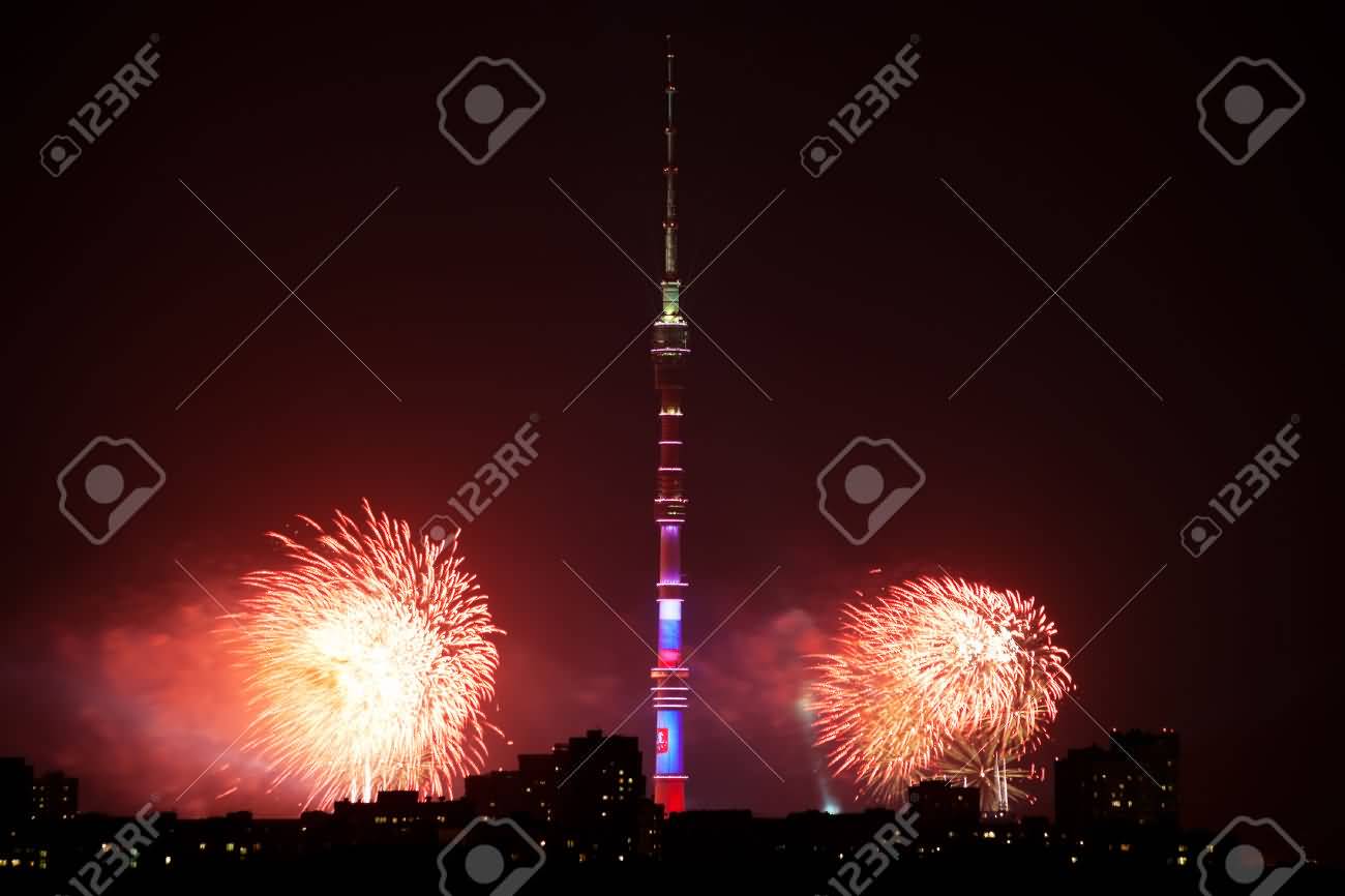 Fireworks And Ostankino Tower In Moscow At Night