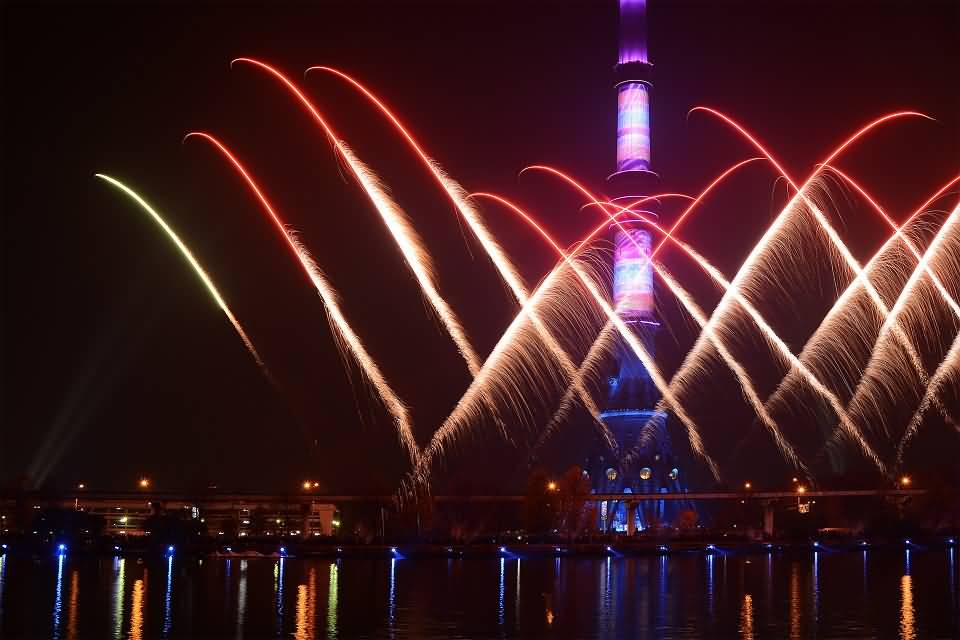 Fireworks Show Near Ostankino Tower At Night