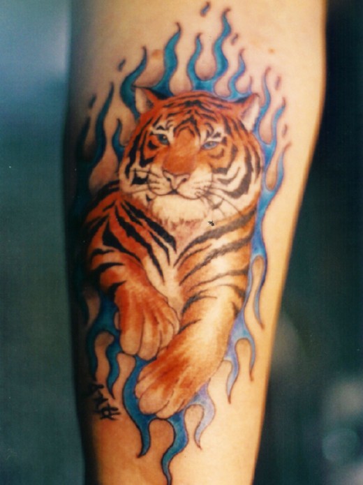 Flaming Baby Tiger Tattoo On Arm Sleeve
