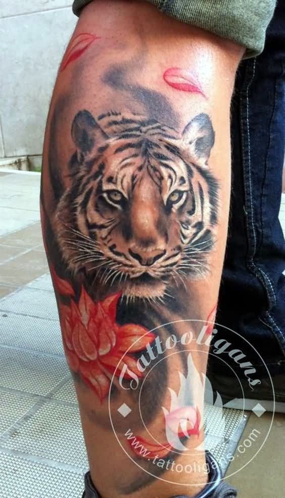 Flower And Tiger Head Tattoo On Right Leg