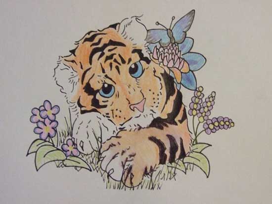 Flowers And Baby Tiger Tattoo Design