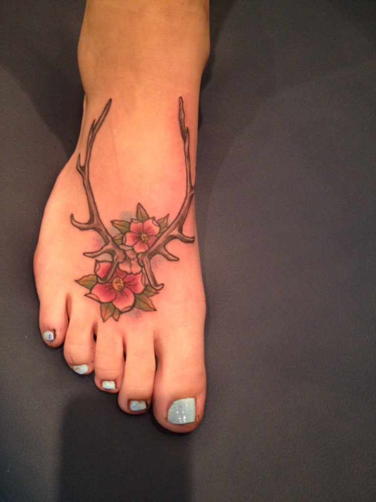 Flowers And Deer Antler Tattoo On Right Foot