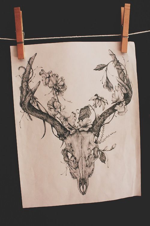 Flowers And Deer Skull Tattoo Stencil