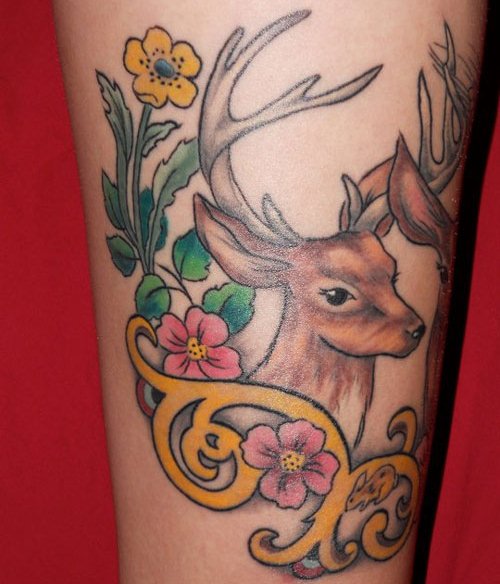 Flowers And Deer Tattoo For Women