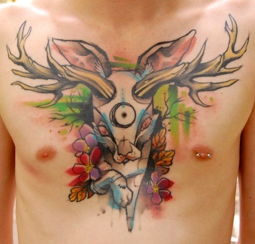 Flowers And Deer Tattoo On Chest