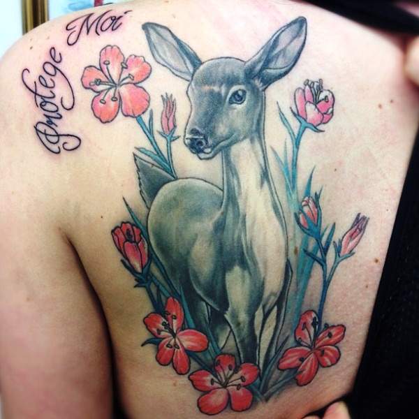 Flowers And Deer Tattoo On Left Back Shoulder