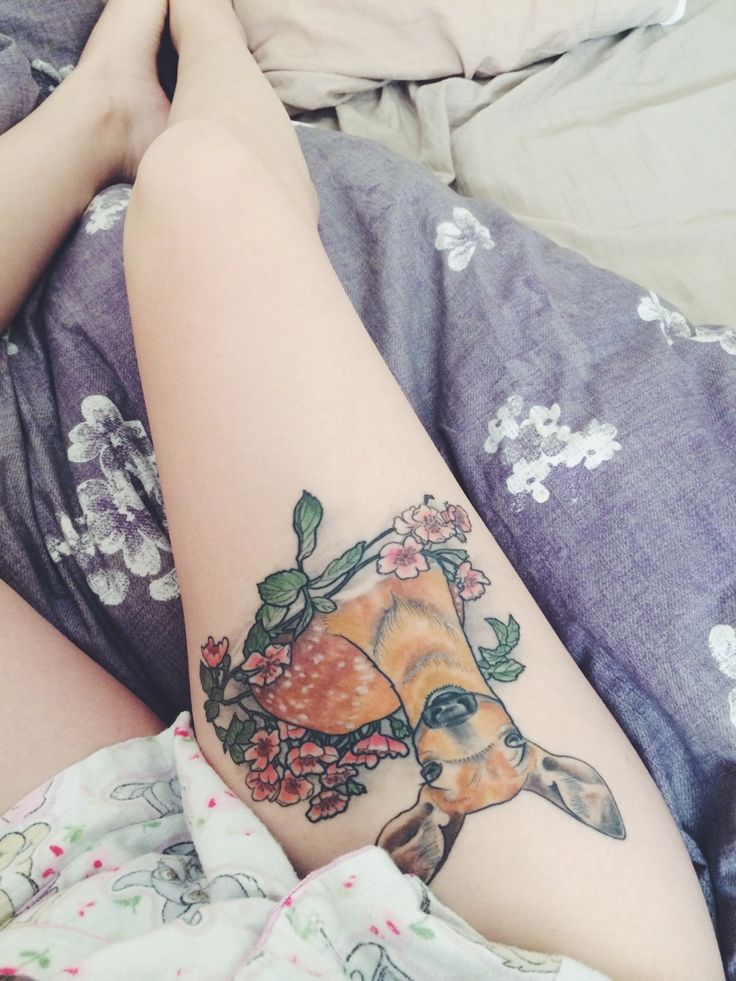 Flowers And Deer Tattoo On Right Thigh