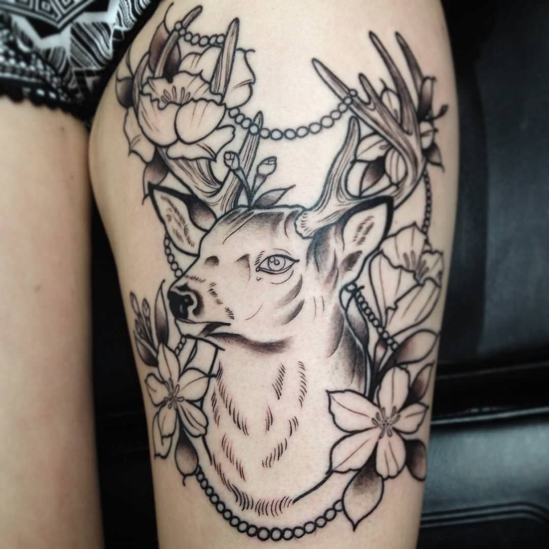 Flowers And Deer Tattoo On Thigh For Women