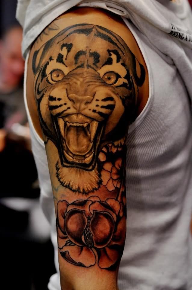 Flowers And Tiger Face Tattoo On Right Half Sleeve