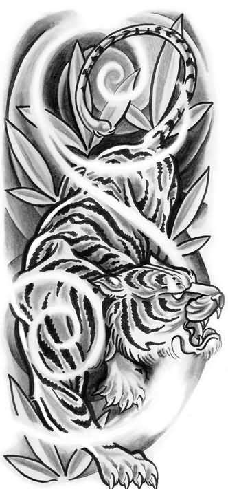Flowers And White Tiger Tattoo Design Sample