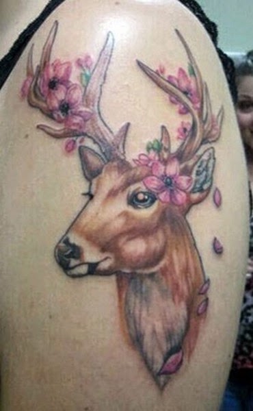 Flowers On Deer Head Tattoo On Shoulder For Women
