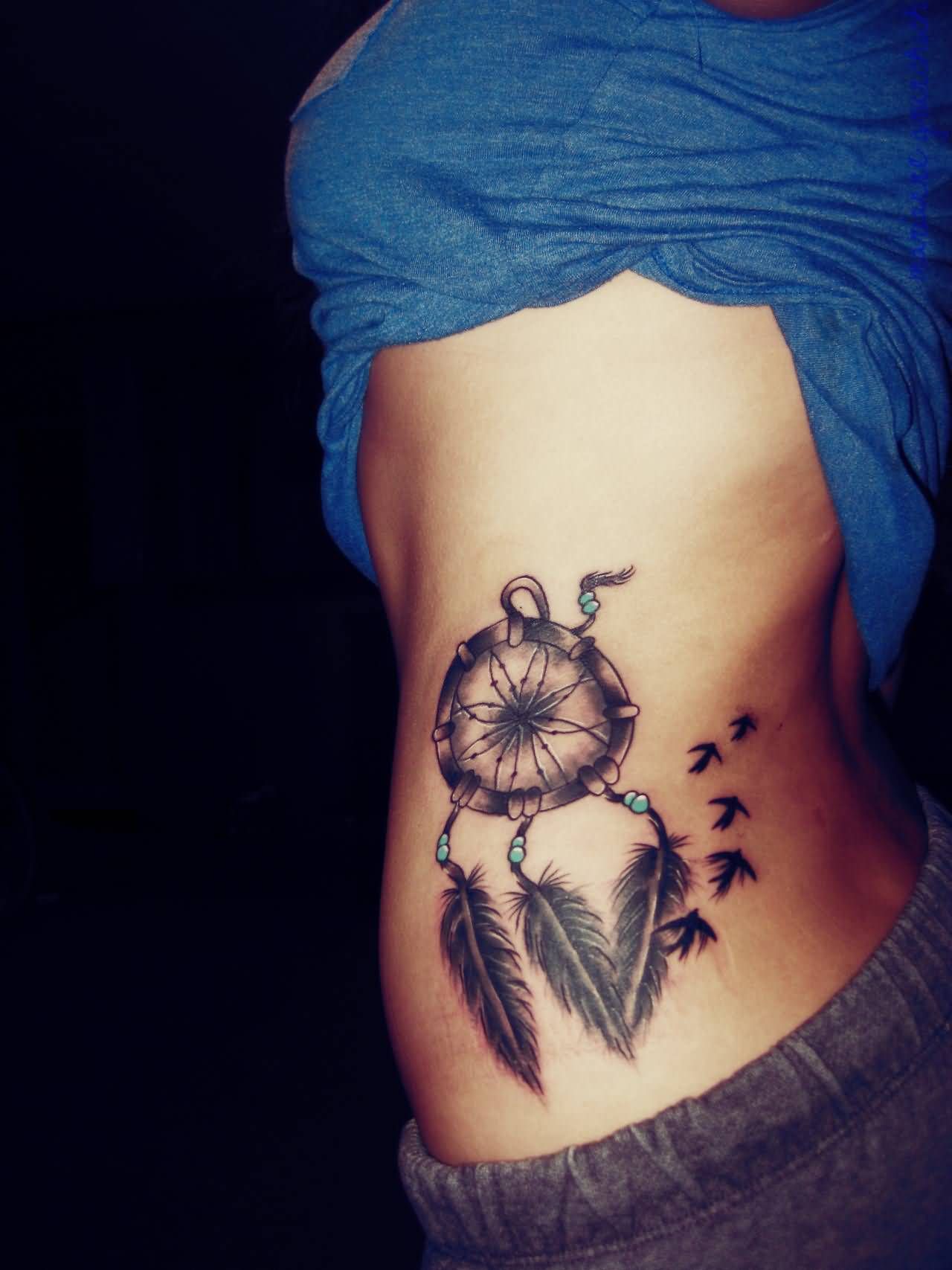 Flying Birds And Dreamcatcher Tattoo On Side