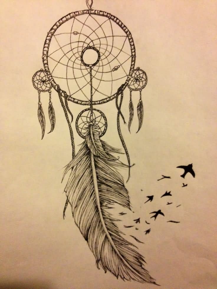 Flying Birds And Simple Dreamcatcher Tattoo Design