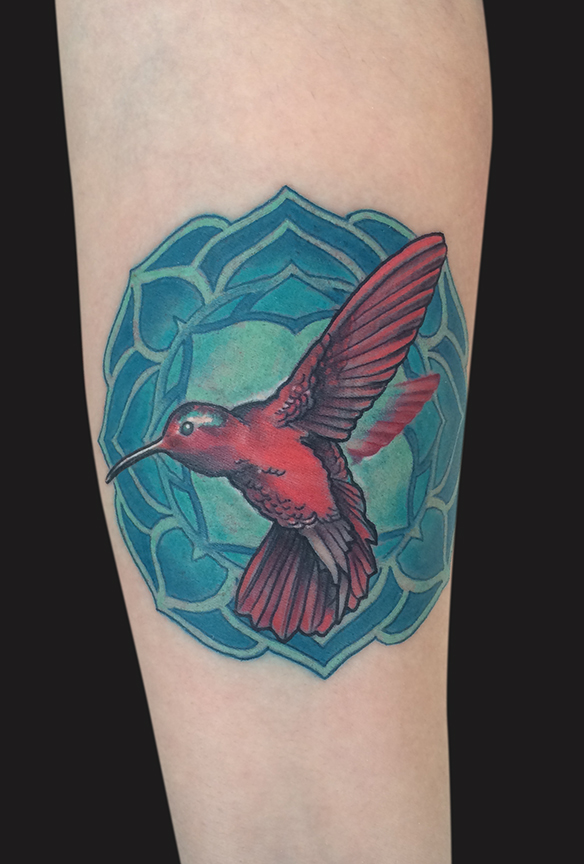 Flying Hummingbird With Mandala Tattoo Design For Forearm