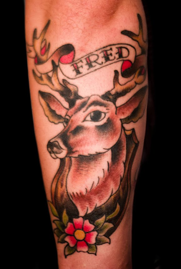 Fred Banner And Traditional Deer Tattoo On Arm Sleeve
